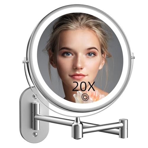 Rechargeable Wall Mounted Lighted Makeup Vanity Mirror 8 inch 1X/20X Magnifying Bathroom Mirror with 3 Color Lights, Double Sided with Dimmable LED Lights, Extended Arm 360¡Æ Swivel Extension Mirror