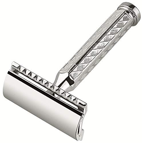 MERKUR 42C Double Edge Safety Razor, Hexagonal Handle, Three-Piece Design, Closed Comb Straight Bar, Bright Chrome Finish, Made in Germany