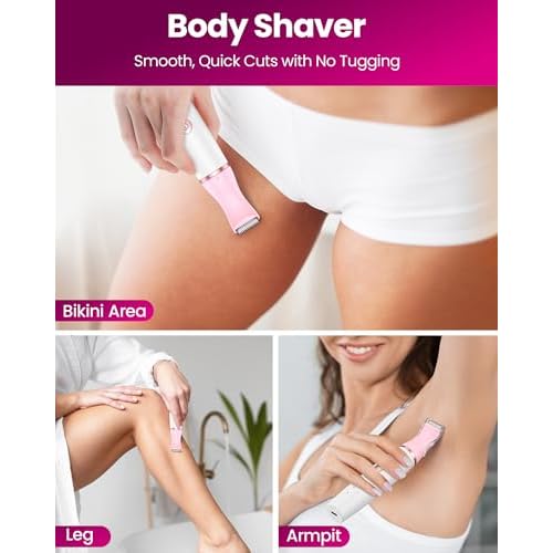 Bikini Trimmer Women & Body Shaver - 4-in-1 Painless Pubic Hair Remover for Sensitive Skin, Rechargeable & IPX7 Waterproof for Wet & Dry Use, for Face/Eyebrows/Nose/Underarms/Legs