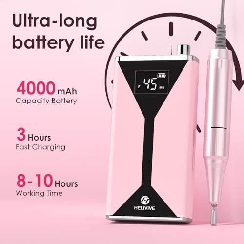 HELIVIVE Professional Electric Nail Drill - 45000RPM Portable & Rechargeable with 11 Bits