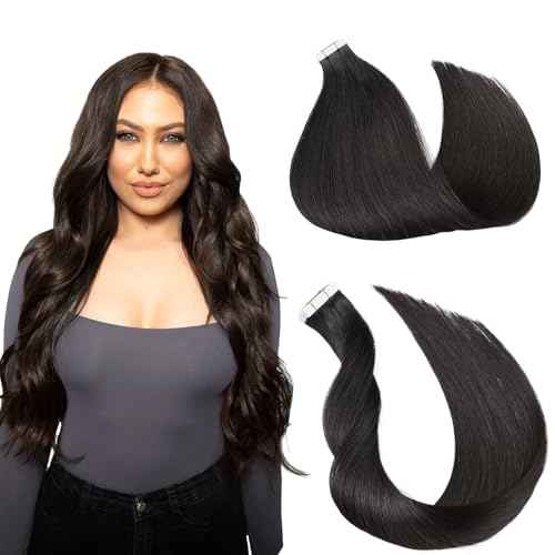 Tape in Hair Extensions £¬Real Human Hair Extension,Natural black Human Hair 14 inch 20pcs 50g,Thick Ends Straight Seamless, Invisible Tape in Hair Extensions Human Hair