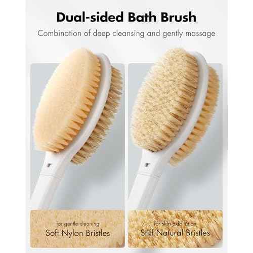 Back Scrubber Anti Slip for Shower: 18.1'' Long Handle Bath Brush with Stiff and Soft Bristles Body Exfoliator Wet or Dry Brushing for Women, Men, Elderly (Charcoal Gray)