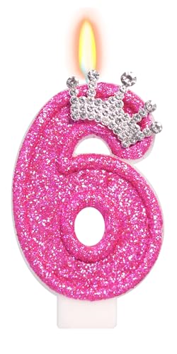 Hot Pink Number 6 Birthday Candle with Glitter Crown - 3" Tall