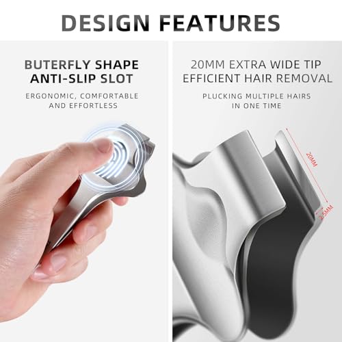 20mm Precision Butterfly Tweezers for Beard, Eyebrows, Facial & Ingrown Hair - Wide Tip, Stainless Steel - Hair Removal Tool with Anti-Slip Slot & Case - for Men & Women