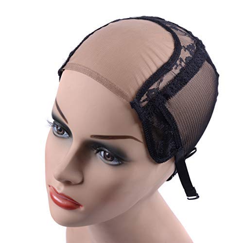 YANTAISIYU 4X4 Inch U Part Swiss Lace Wig Cap for Making Wigs with Adjustable Straps on the Back Glueless Hairnets (Black M)