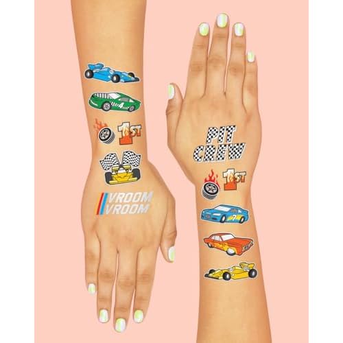 xo, Fetti Race Car Party Supplies Temporary Tattoos - 46 Foil Styles | Racecar Birthday, Pit Crew, Checkered Flags, Vroom, Wheels