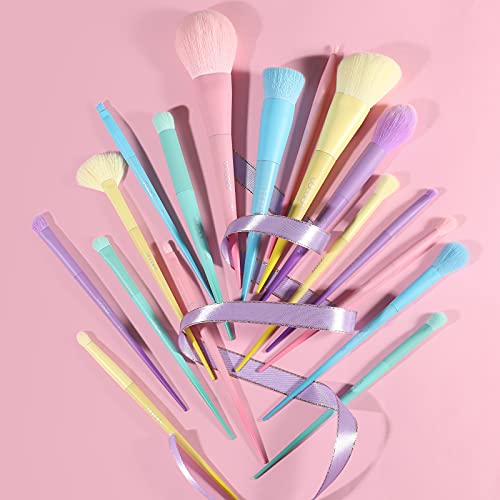 Docolor 17Pcs Colourful Makeup Brush Set + 3 Pcs Pea Pod Makeup Sponge, Premium Synthetic Kabuki Foundation Blending Rainbow Professional Make Up Brush Tool