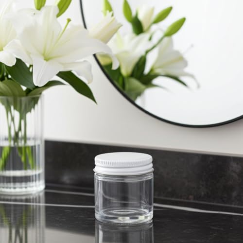 (6 pack) 1 oz / 30 ml Clear Thick Glass Straight Sided Jar with White Metal Airtight Lid