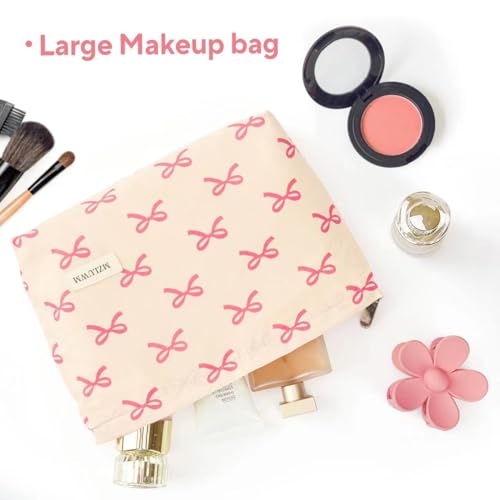 Floral Makeup Bag with Pink Bow – Large Cosmetic Organizer