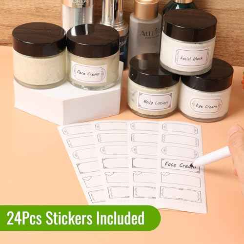 2 oz Clear Glass Jars with Lids 24Pack, Small Jars with Inner Liners for Sample, Powder, Cream, Lotion and Ointments with Stickers & Spatulas Included