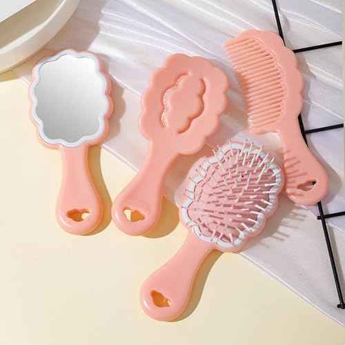 4 Pieces Mini Wet Hair Brush Hair Comb Set For Women Girls Kids Gift Small Cute Cloud shaped Hair Comb Hair Brush Handheld Mirror Set Travel Detangling Comb Massage HairBrush with Air Cushion (Pink)