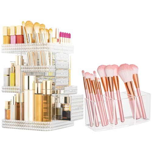 2 Pack Makeup Organizer Set, Rotating Makeup Organizer with 6 Drawers, Makeup Brush Holder, Clear