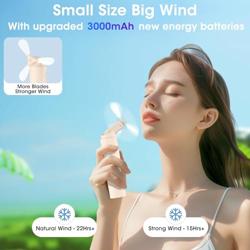 OLV Handheld Mini Fan Portable Rechargeable 3000mAh USB Battery Powered 22+Hrs Runtime Small Hand Held Fan Foldable Pocket Personal Fan Gifts for Women Girls Men Office,Travel,Outdoor - Beige