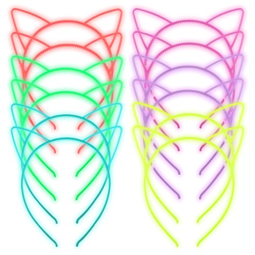 Glow in the Dark Cat Ears Headbands, 12pcs Plastic Light Up Hair Bands for Girls Party
