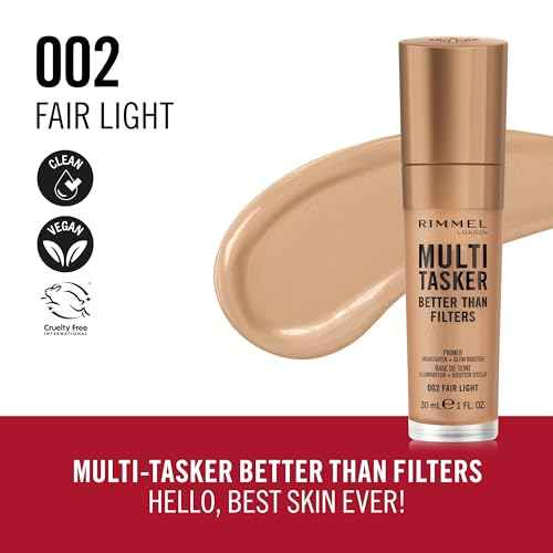 Rimmel Multi-Tasker Better Than Filters, 002 Fair Light, Face Primer, Glow Booster and Highlighter, Vegan Formula, Anti-Ageing Benefits, Light-Reflecting Pigments, Giant Soft-Touch Wand, 1oz