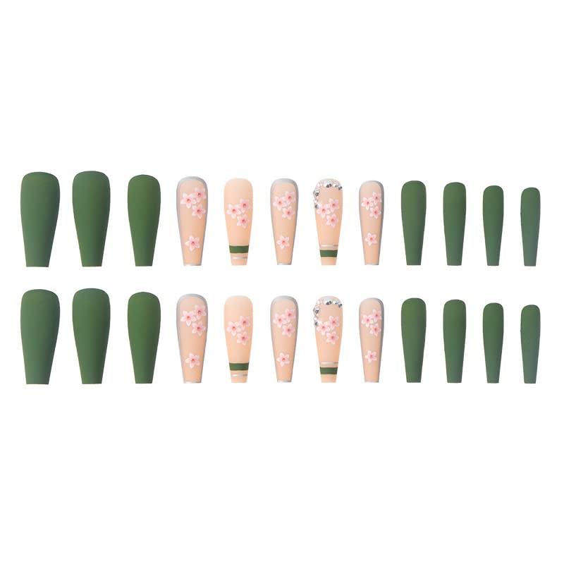 DOUBNINE Press On Nails Long Coffin Green Matte Sakura Pink Flower French Tip Vintgae Matte Acrylic False Nails with Jelly Double Sided Adhesive Luxury Full Cover Stick On Nails for Women