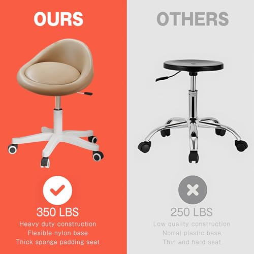 Rolling Stool ? Ergonomic Swivel Seat, Adjustable Height, Ultra-Quiet Wheels, Padded PU Leather Cushion, for Salon, Office, Massage & Medical Use Khaki