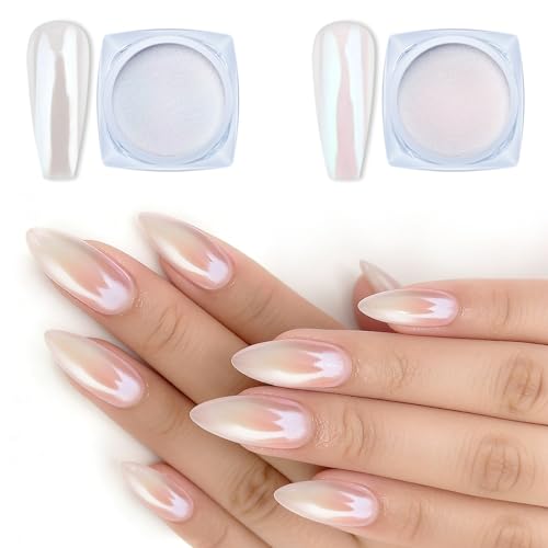 Artdone 2 Jars Chrome Pearl Nail Powder - White & Red Aurora Mirror Pigment