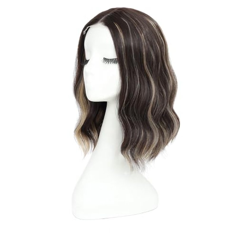 14 Inch Short Wavy Wig Brown Blonde Highlight Lace