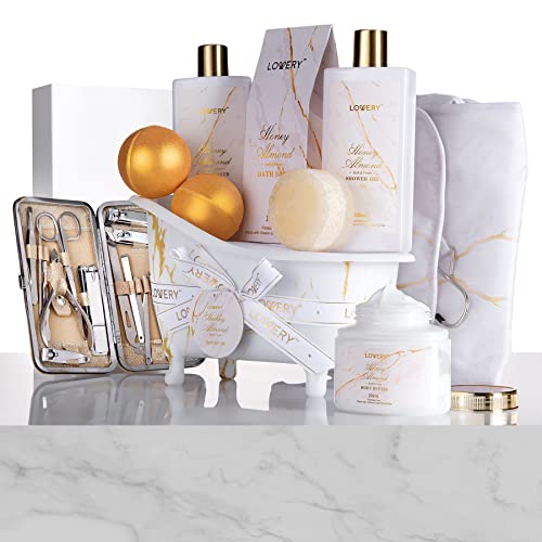 Gifts for Mom, Gift Basket, Spa Gifts For Women, 31Pc Self Care Kit, Stress Relief Gift, Birthday, Thank You, Honey Almond Bath and Body Gift - Toiletry Bag, Nail Kit, Bath Bombs & More