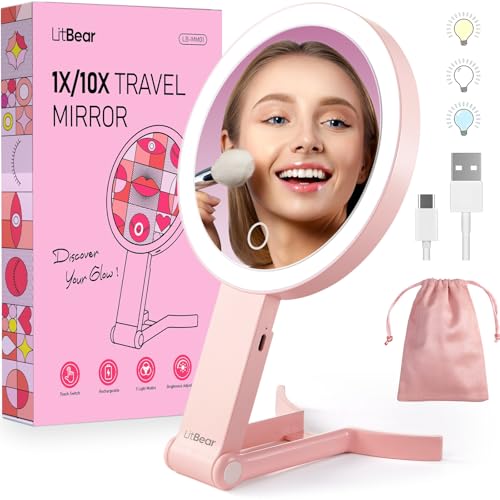 LitBear Travel Makeup Mirror with LED Lights, 10X/1X Magnification