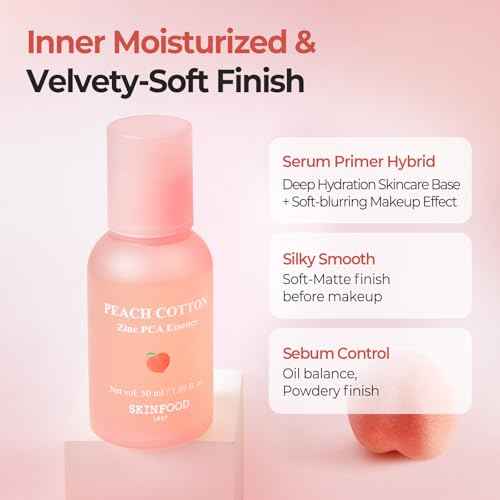 SKINFOOD Peach Cotton Zinc PCA Essence Serum Primer, Korean Skin Care Makeup Prep Hybrid Face Serum, Blurring Matte, Stocking Stuffers, Sebum Oil Control, Hydrating Primer for Sensitive (1.69 fl. oz.)