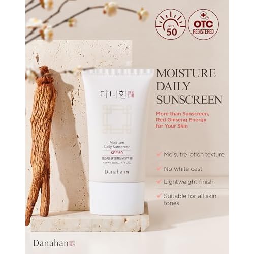 Moisture Daily Sunscreen SPF 50 Broad Spectrum ? No White Cast, Lightweight Korean Face Sunscreen | Hybrid UV Protection with Ginseng & Niacinamide, 1.7 oz