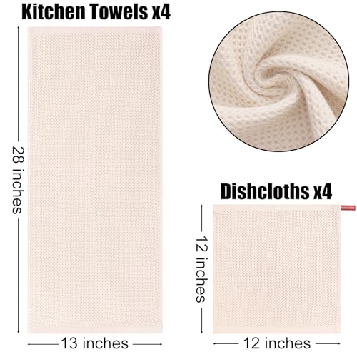 Kitinjoy 100% Cotton Kitchen Towels and Dishcloths Set, 8 Pack Waffle Weave Dish Towels Ultra Soft Absorbent Quick Drying Dish Rags, 13 x 28 Inch and 12 X 12 Inch, Beige