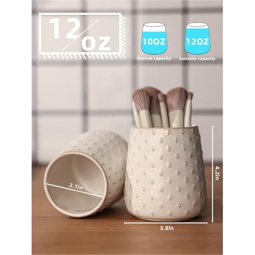 Ceramic Makeup Brush Holders, Farmhouse Bathroom Vanity and Countertop, Brushes Cup for Bathroom Cosmetics, Lipsticks, Vanity Desktop Storage (Vintage White)