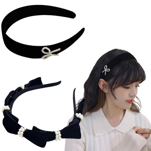 EIIXMSO 2 Pcs Black Velvet Bow Headband Vintage White Pearl Beaded Headband for Women