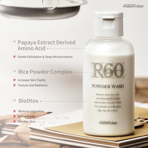 R60 Rice Enzyme Face Wash Powder ? Exfoliating Facial Cleanser with Rice Bran Extract, Gentle Powder Wash for Sensitive Skin, Deep Pore Care, Korean Skin Care, Fragrance Free, 1.76oz