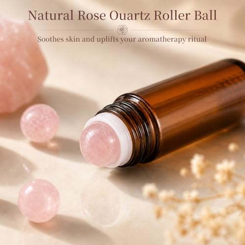 Pink Rose Quartz Roller Bottle 50ml Refillable Amber Glass Travel Perfume with Leak-Proof Cap