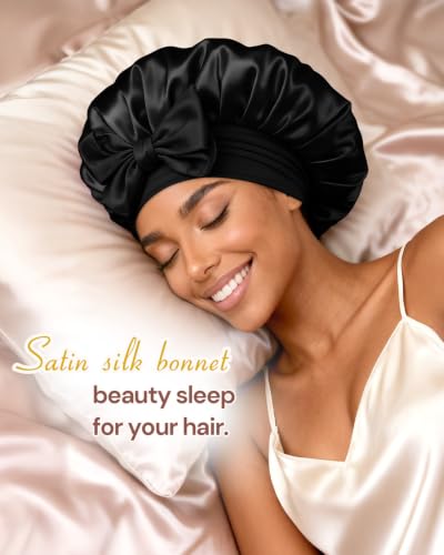 BONNET QUEEN Satin-Lined Sleep Bonnet with Tie Band - Medium Black