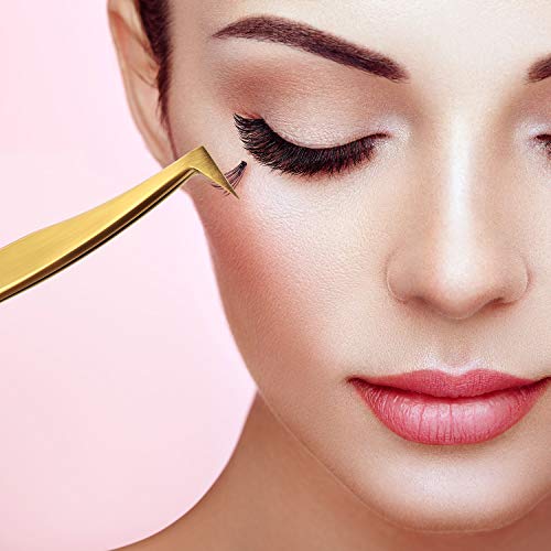 3 Pieces Volume Tweezers Eyelash Extension Tweezers Curved 6A Tip False Lash Tweezers Stainless Steel Precision Tweezers for Individual and 3D 6d Volume Eyelash Extension (Gold)