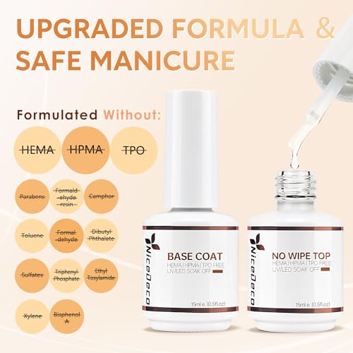 Nicedeco No Wipe Gel Top Coat and Base Coat, 6 Pcs Rubber Base Gel Polish for Nails