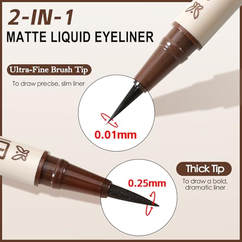 Boobeen 2pcs Liquid Eyeliner£¬Dual-Ended Eye Liner with Thick Tip and Precise Brush Tip£¬Waterproof Black Liquid Liner Pen£¬Matte Finish£¬All Day Wear£¬Smudge-proof,Brown