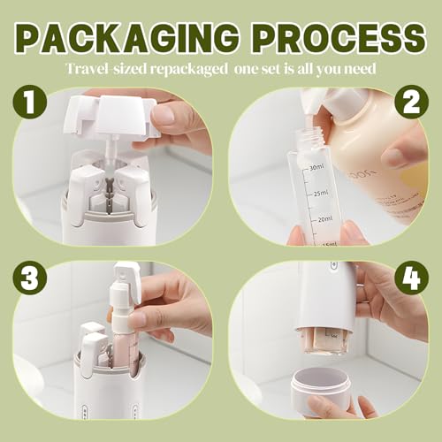 Green 4 in 1 Travel Dispenser Bottles - Leak-Proof 30ML Toiletry Set with Measurement & Labels