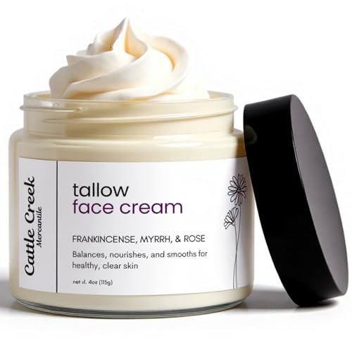 Cattle Creek Tallow Face Moisturizer - Whipped Beef Tallow for Face with Sweet Almond, Myrrh, Frankincense & Rose Oils ? Grass-Fed Beef Tallow for Face Care, Hydration & Sensitive Skin (4oz)