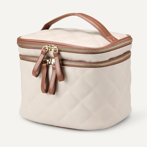 Quilted Makeup Bag with Brush Storage - Ivory Faux Leather