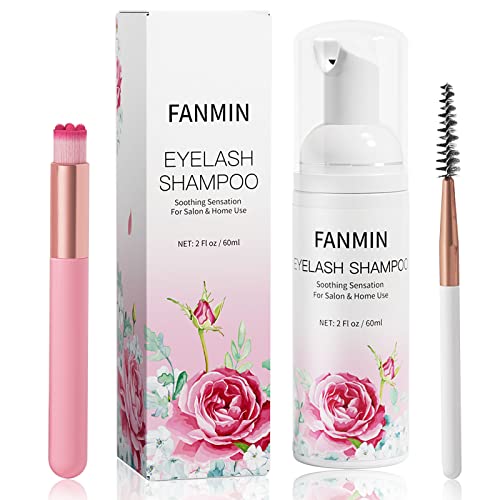 FANMIN 2 Fl Oz (60ml) Eyelash Extension Cleanser with Mascara & Brush Set, Paraben & Sulfate Free Eyelash Wash for Salon & Home Use
