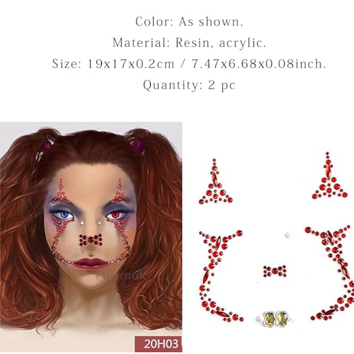 2 Pack Red Rhinestone Face Tattoo Stickers for Halloween