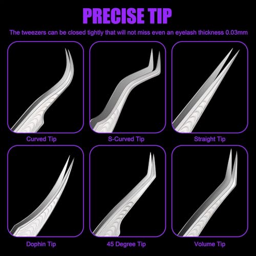 Lash Tweezers for Lash Extensions, High Precision Eyelash Tweezers Set for Individual Classic and Volume Lashes, Professional Lash Extension Tweezer Set for Lash Artists (Pack of 6, Sliver)