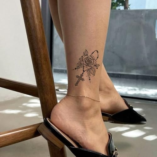 Semi Permanent Tattoo for Women, 2 Sheets Realistic Temporary Tattoos, Lasts 2 Weeks Fake Tattoos for Arm Wrist, Waterproof Non-Reflective (Ink Splatter Butterfly & Rose Rosary Cross Tattoo)