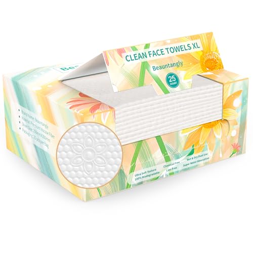 Disposable Face Towel, XL Facial Towelettes Soft Thick Absorbent, Lint-Free Biodegradable Makeup Remover Dry Wipes for Skin Care Washing Drying Nursing Camping Travel Essentials, 25 Ct