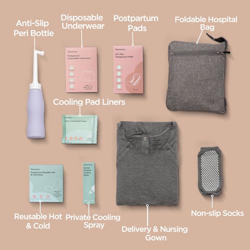 Upgraded Postpartum Recovery Essentials Kit for Women, Nursing Gown, Luggage Bags, Socks, Peri Bottle, Cooling Spray, Disposable Underwear, Postpartum Pads, Hot&Cold Packs, Cooling Liners