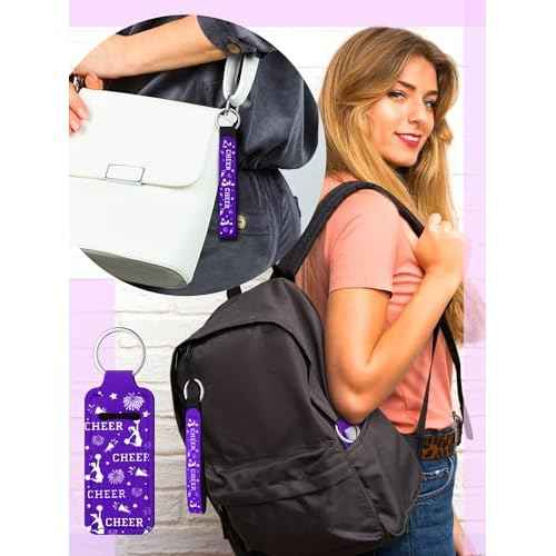 24 Pcs Cheerleader Gifts Bulk Cheer Lipstick Holder Keychain Lanyard Set Cheerleader Party Favor Cheer Theme Portable Lipstick Holder and Lanyard for Team Sports Supplies(Purple)