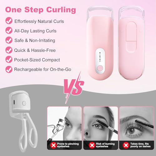Visible Heated Eyelash Curler, Rechargeable Electric Eyelash Curlers 10S Fast Heat, Safe Anti-Burn Mini Heat Eye Lash Curler 24Hrs Long Lasting Natural C Curl Lashes (Pink)