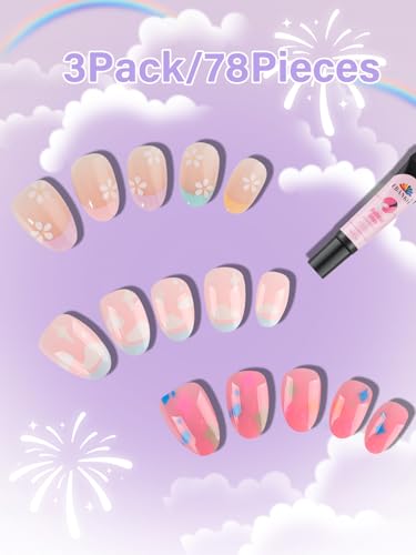 EBANKU 78-Piece Kids Press On Nails Set - Pink Star Flower Designs