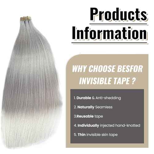 Silver Grey Tape in Hair Extensions Real Human Hair 24 Inch Invisible Seamless PU Tape in Hair Extensions Double Sided Silky Straight Human Hair 50/20pcs