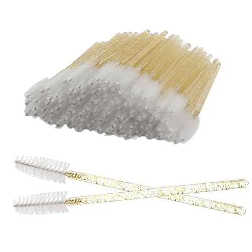 100 PCS Crystal Eyelash Mascara Wands Disposable Lash Brushes for Extensions Spoolie Brush Applicators Makeup Tool Kits (Gold handle)